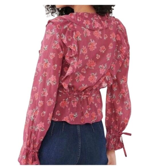 Floral Wrap Ruffle Blouse V-Neck Long Sleeve Sheer Tie Waist Women's Top Size S - Picture 3 of 14